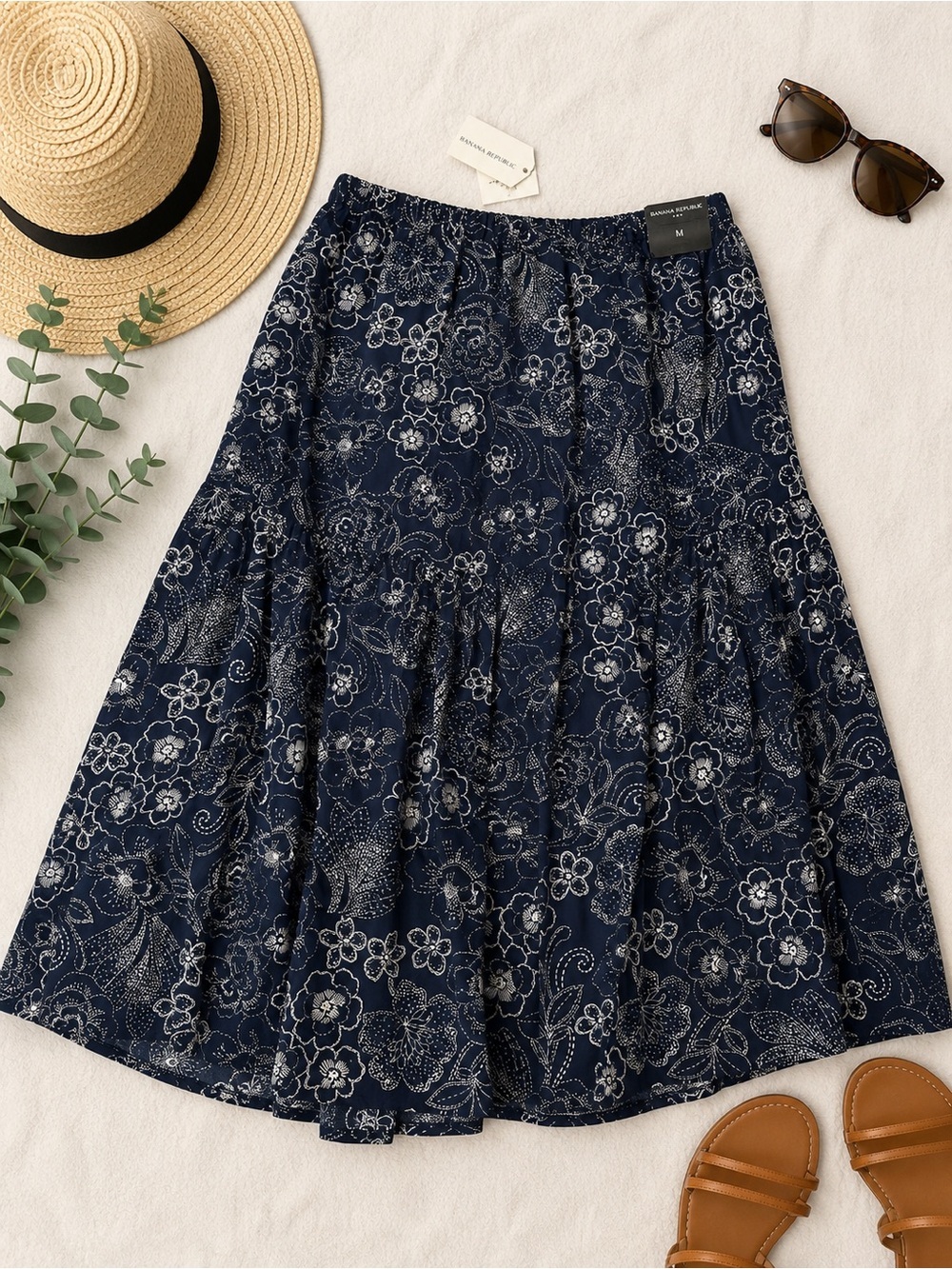 NWT Banana Republic Navy Floral Tiered Cotton Skirt Size M